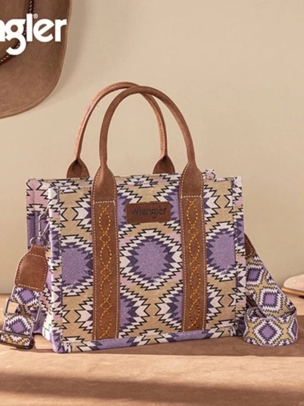 Wrangler Aztec Distressed Print Dual Sided Print -Tote/Crossbody Purple